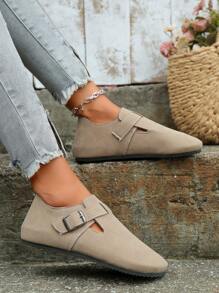 女士时尚舒适休闲百搭复古哑光平底鞋，金属扣，复古森系圆头封闭式芭蕾平底鞋 - 卡其色 - 查看 3