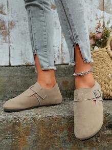 女士时尚舒适休闲百搭复古哑光平底鞋，金属扣，复古森系圆头封闭式芭蕾平底鞋 - 卡其色 - 查看 6