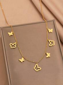 Aomogo 不鏽鋼蝴蝶吊墜項鍊,優雅領帶鍊,時尚奢華女性飾品禮物 - 金色 - 查看 3