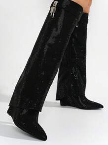 Women's  Fold Over Rhinestone Boots - Single Pointy Toe Metallic/Holo Knee High High Heel For Festival Shoes - 黑色 - 查看 4