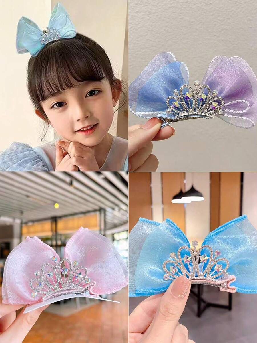 1入兒童蝴蝶結髮夾皇冠公主髮簪,適用於寶貝女孩,藍色 - 藍色 - 查看 1