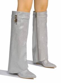 Women's  Fold Over Rhinestone Boots - Single Pointy Toe Metallic/Holo Knee High High Heel For Festival Shoes - 銀色 - 查看 2