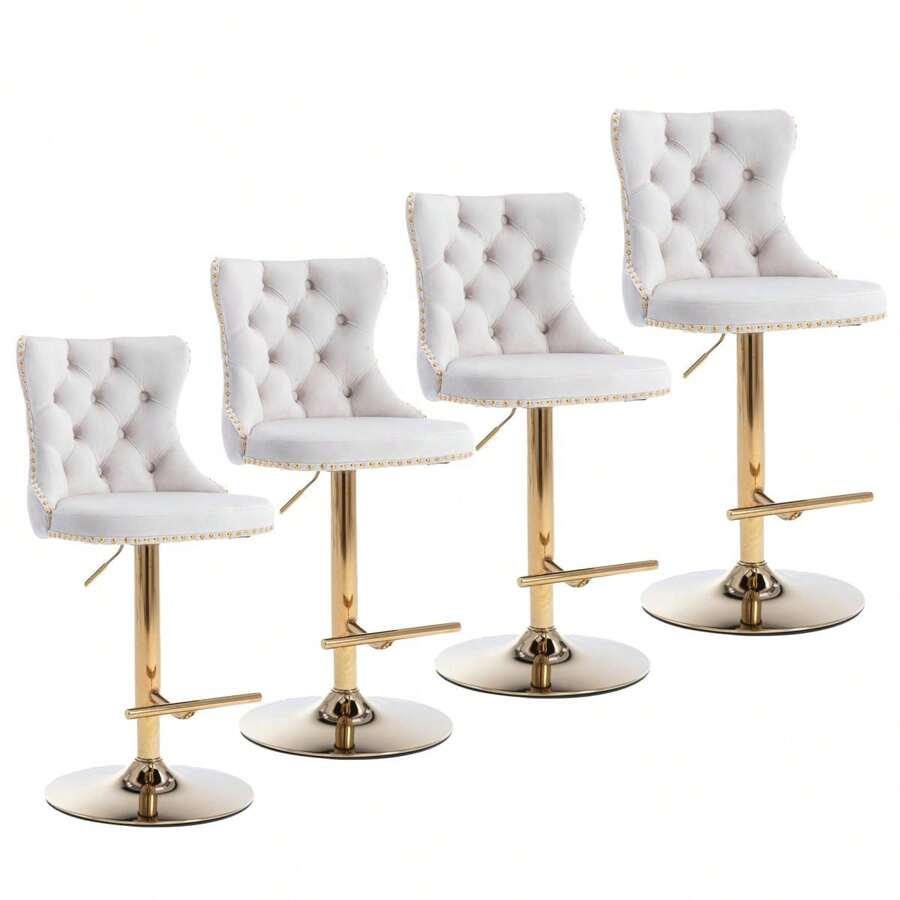 4 Piece Set Adjustable Swivel Bar Stools, Dining Bar Chairs With Velvet Tufted Back, Metal Base, Footrest For Home Bar, Dining Room, Kitchen Island. - 米色 - 查看 1