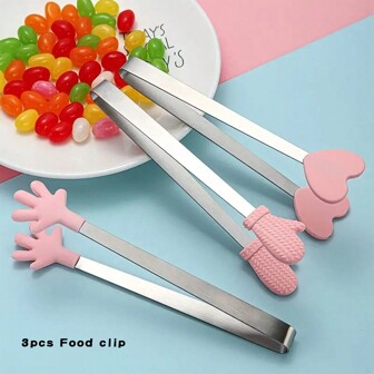 3er Set kreative rosa Silikonlebensmittelklammern mit Eiszangen, geeignet für kleine Snacks, Süßigkeiten, Kuchen, leicht zu benutzen ohne die Hände schmutzig zu machen, rutschfeste Eiswürfelzange, Mini Edelstahllebensmittelklammern, Silikonlebensmittelklammern, Zuckerwürfelzangen, Sommer, Sommerset, für Outdoor, Camping