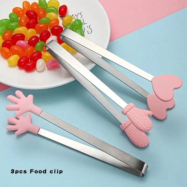 Set Of 3 Pink Creative Silicone Food Clips With Ice Tongs, Suitable For Small Snacks, Sweets, Cakes, Easy To Use Without Dirtying Your Hands, Anti-Slip Ice Cube Tongs, Mini Stainless Steel Food Clips, Silicone Food Clips, Sugar Cube Tongs,Summer,Summer Sets, For Outdoor, Camping