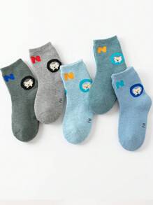 5 双幼儿男童厚袜子，可爱熊和字母印花，绿色、蓝色、灰色高弹力保暖短袜，适合秋冬季，适合搭配运动服和裤子 - 彩色 - 查看 3