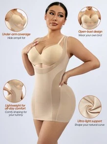 Open Bust Sculpting Chest Support Body Shaper Dress For Women Mesh One Piece Full Slip Tummy Control Shapewear With Adjustable Strap - Apricot - View 1
