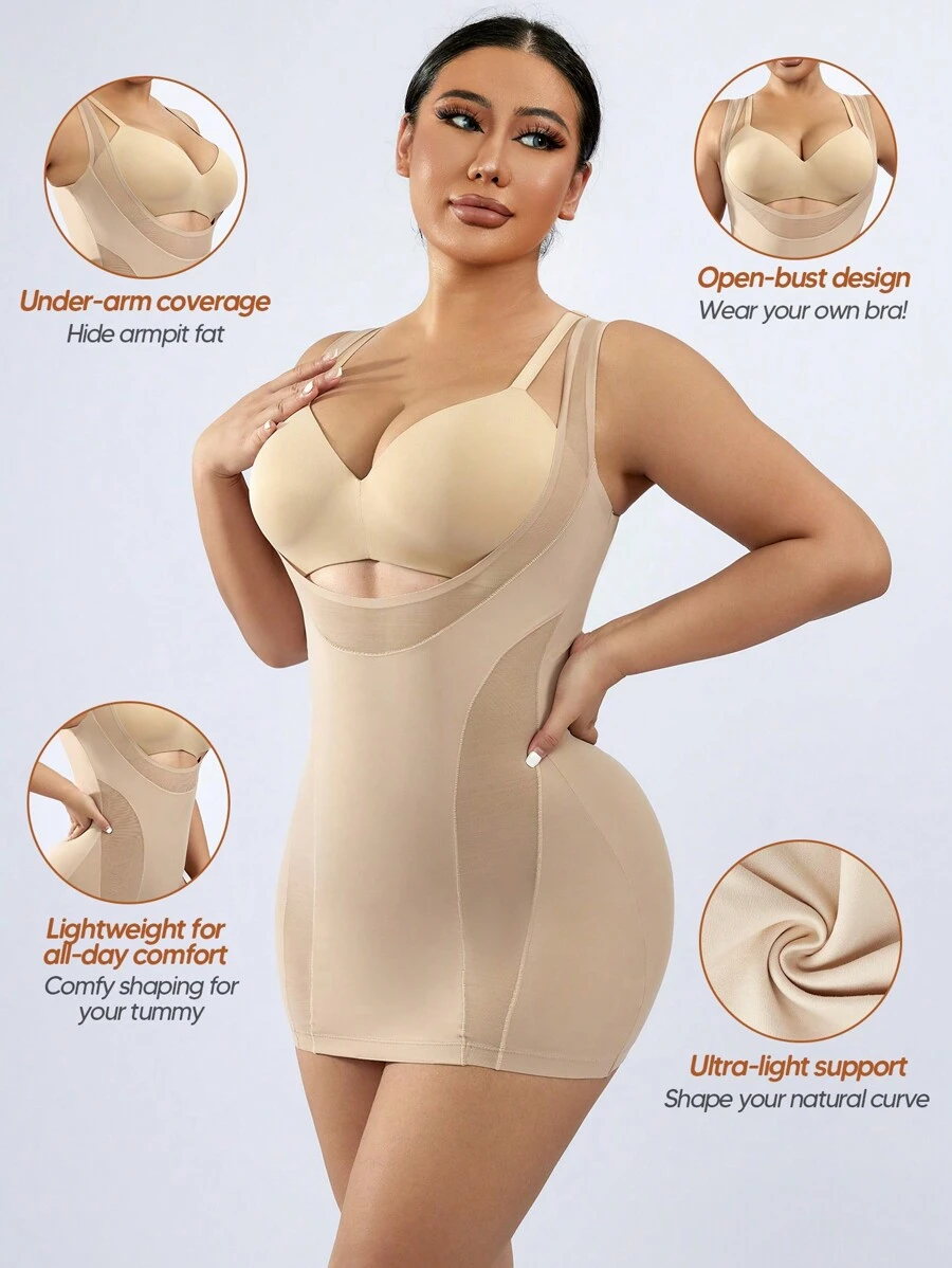 Open Bust Sculpting Chest Support Body Shaper Dress For Women Mesh One Piece Full Slip Tummy Control Shapewear With Adjustable Strap - Apricot - View 1
