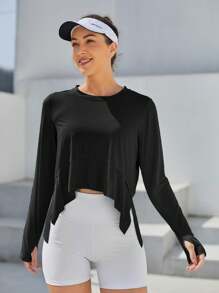 ED3SIZE Women's Black Half Circle Hem Long Sleeve T-shirt With Smooth Edge