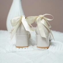 High Heels Women's Pearl & Bowknot Decor Mary Jane Shoes, Korean Style Fairy Shoes For Spring And Summer 2023 - White - View 5