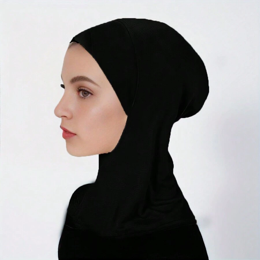 1 件纯色吸汗帽子头巾，全覆盖针织头巾围巾帽日常帽子 - 黑色 - 查看 1