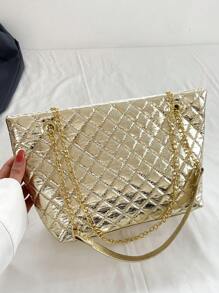 1個金色金屬配鍊裝飾菱形縫紉pu材質女士鏈帶肩袋,適用於日常使用、購物等