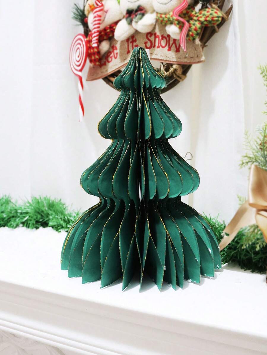 1 pièce Décoration d'arbre de Noël en nid d'abeille en papier, forme verte multicouche créative avec poudre scintillante, parfaite pour la décoration de scène de Noël - Vert - Voir 1
