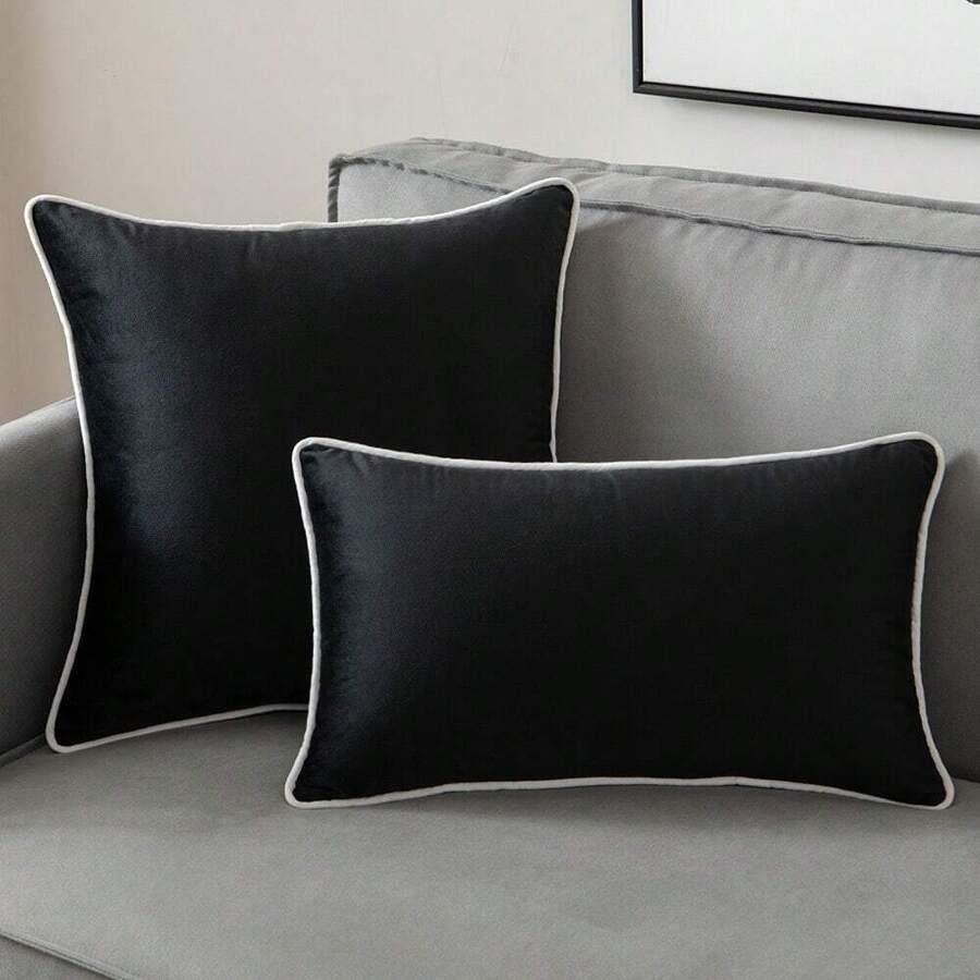 1pc Black Minimalist Velvet Pillow Cover With Tassels, Modern Decorative Cushion Case With Linen Look, Soft And Comfortable, For Sofa, Living Room, Bedroom, Dorm Home Decoration, Holiday Gift - Black - View 1
