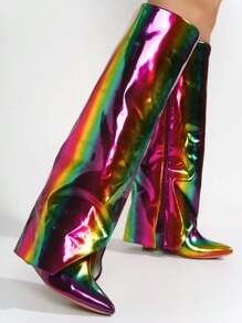 Women's  Pointy Toe Metallic Knee-High Boots - Single Pointy Toe Metallic/Holo Knee High,Fold Over High Heel For Special Events - 彩色 - 查看 3