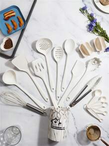 18 Piezas/set Juego De Utensilios De Cocina De Silicona Que Incluye Espátula, Cucharón, Etc. - Blanco - Ver 1