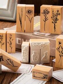 Vintage Style Plant & Vase Design Decorative Rubber Stamps Set For Diy Scrapbooking And Journaling (8pcs),Back To School,School Supplies - Beige - View 2