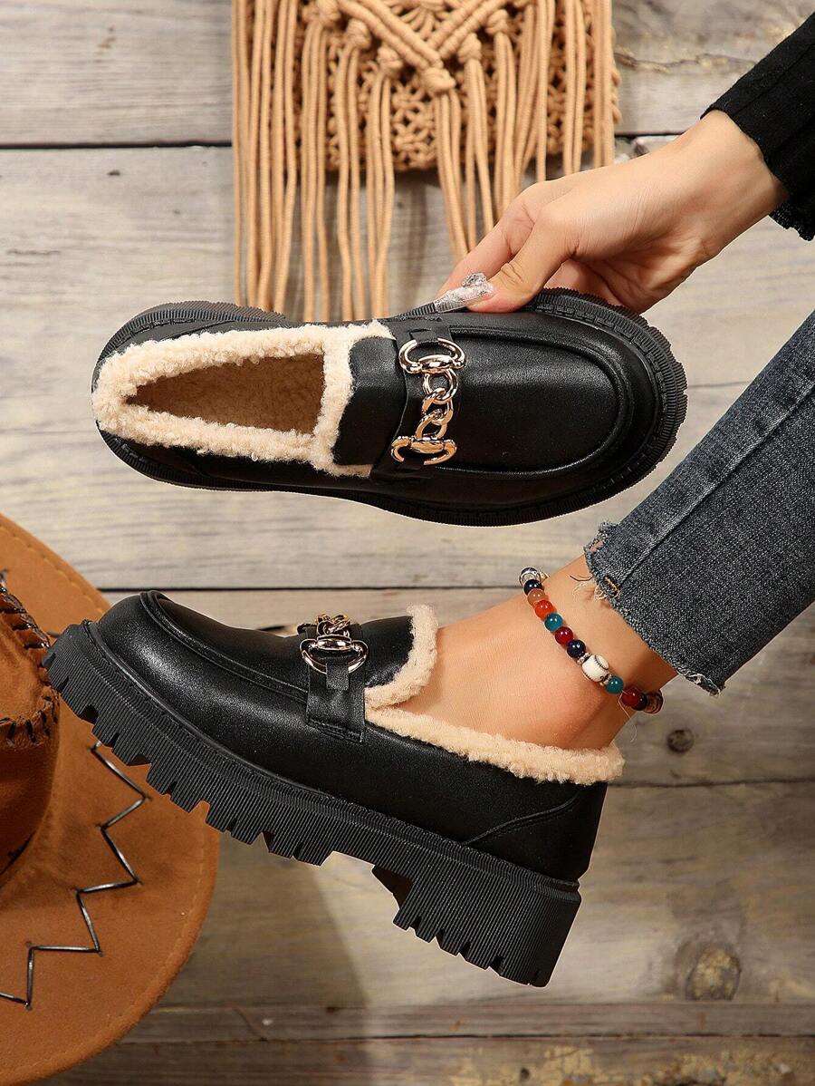 女士保暖链条装饰英伦风厚底套脚乐福鞋，法式拉丰鞋，粗跟