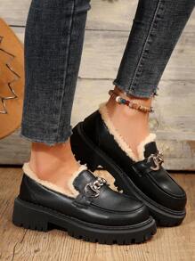 女士保暖链条装饰英伦风厚底套脚乐福鞋，法式拉丰鞋，粗跟 - 黑色 - 查看 4