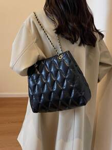 CHICVUE Large Capacity Fashion Tote Bag With Embroidered Diamond Pattern, Soft Winter Chain Shoulder & Crossbody Bag For Women Gifts - Black - View 9