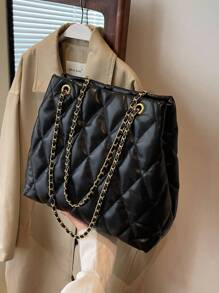 CHICVUE Large Capacity Fashion Tote Bag With Embroidered Diamond Pattern, Soft Winter Chain Shoulder & Crossbody Bag For Women Gifts - Black - View 7