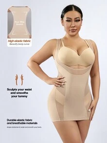 Open Bust Sculpting Chest Support Body Shaper Dress For Women Mesh One Piece Full Slip Tummy Control Shapewear With Adjustable Strap - Apricot - View 5