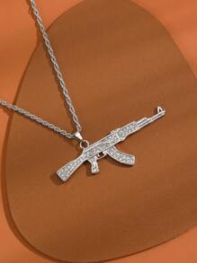 1pc Punk Hip-Hop Fully Rhinestone AK47 Rifle Pendant Necklace, Creative Unique Accessory For Men & Women - Silver - View 3