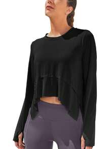 ED3SIZE Women's Black Half Circle Hem Long Sleeve T-shirt With Smooth Edge