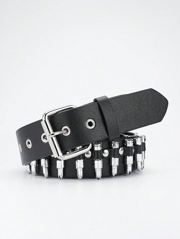 Cinto masculino moderno com fivela de pino personalizada em formato de bala, feita de liga metálica e couro PU, para uso urbano, escolar e no Halloween.