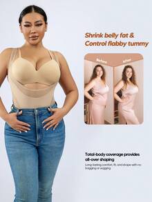 Open Bust Sculpting Chest Support Body Shaper Dress For Women Mesh One Piece Full Slip Tummy Control Shapewear With Adjustable Strap - Apricot - View 6