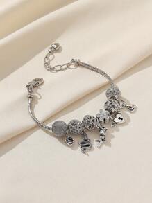 1pc Lovely Pine Cone, Snake, Fox, Rose Pendant Hollow Flower Ball & Beaded Copper Bracelet For Women, College Style Diy Bracelet With Free Assembly - Silver - View 5