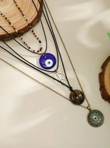 5 件/套女士创意波西米亚风格和嬉皮士首饰套装，带花卉盘、不对称水晶、子弹头、眼睛形状吊坠彩色串珠项链 - 彩色 - 查看 5