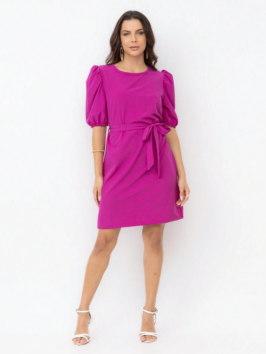 Vestido confortavel crepnho liso manga bufantes feminina - Fúcsia - Visão 1