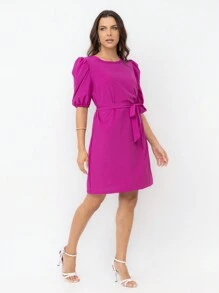 Vestido confortavel crepnho liso manga bufantes feminina - Fúcsia - Visão 3