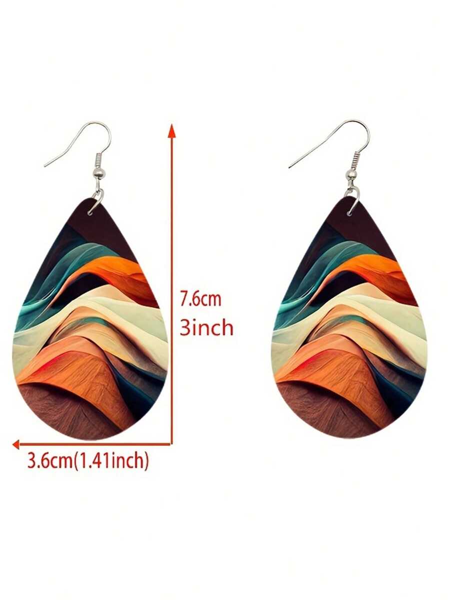 1 Pair Double Sided Rainbow Print Water Drop Wooden Hook Earrings For