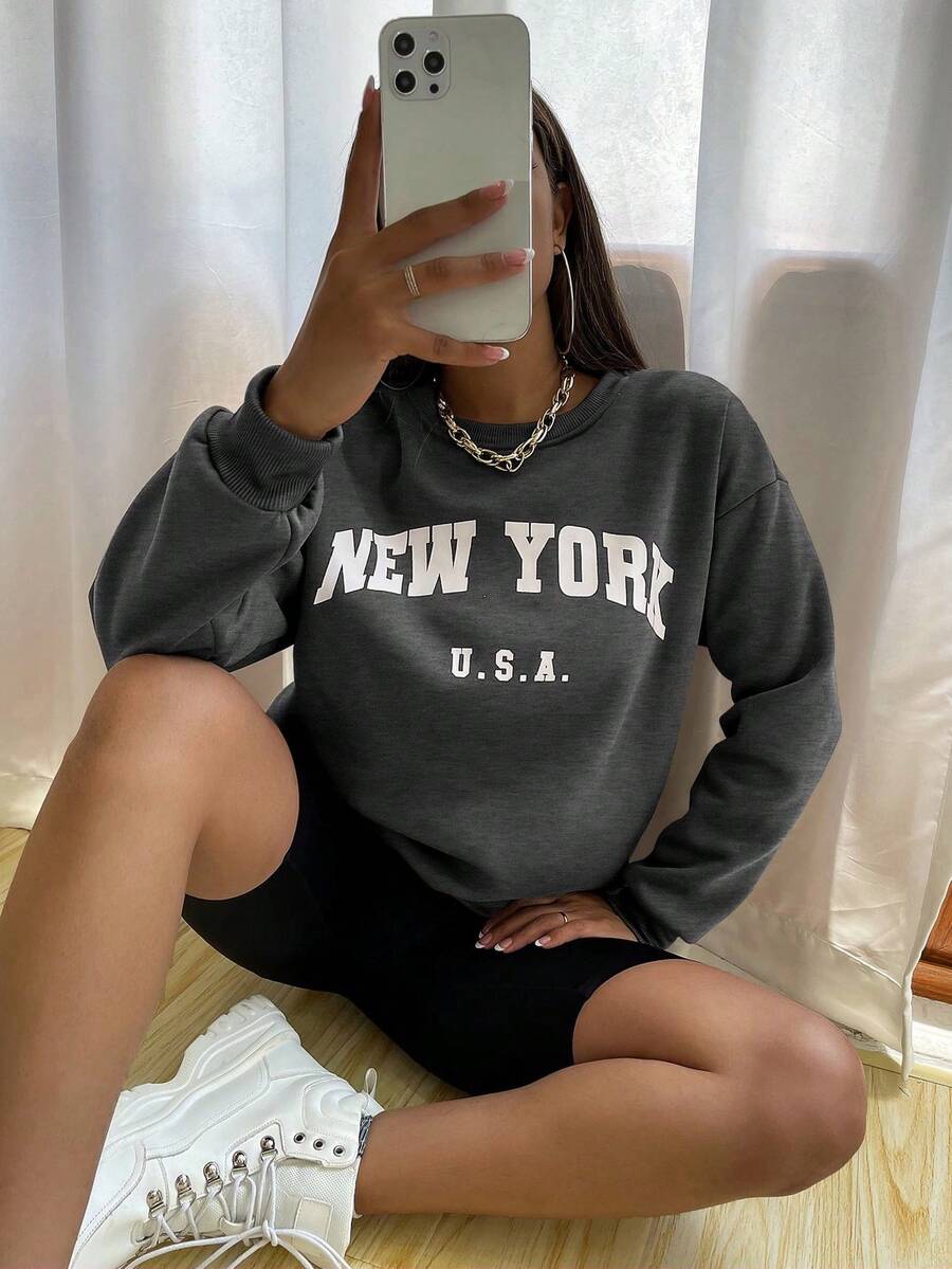 sudadera new york  con estampado de letra de vinil - Gris Oscuro - Ver 1