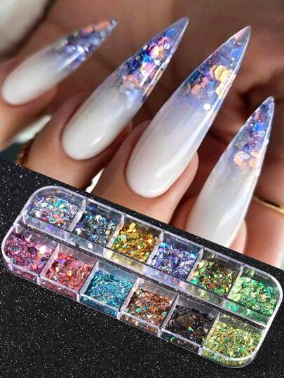 12 Slots Colorful Nail Sequins, 1 Box Mixed Holographic Hexagon Glitter Powder, Nail Art Decorations DIY Nail Jewelry Nail Gems Nail Supplies Nails