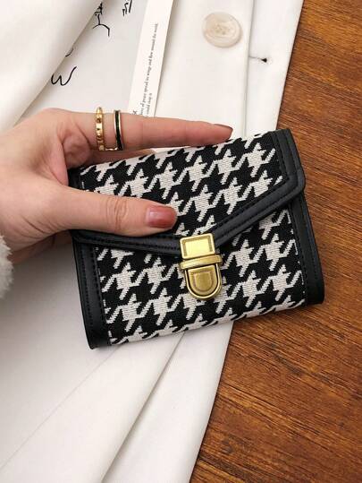 Women's Houndstooth Canvas Trifold Short Wallet, Retro Lockable Metal Hardware, Minimalist & Fashionable, Compact Wallet For Office Ladies, Travel, Birthday Gift