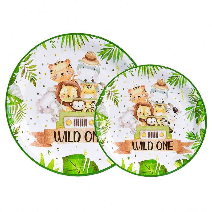 7/9英寸一次性卡通動物圖案餐盤,野生派對用品,狩獵主題生日派對用品,叢林盤子,派對用紙盤,適用於狩獵主題嬰兒淋浴和餐具套裝 - 彩色 - 查看 1