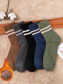 5雙男款復古純色雙條紋加厚中筒羊絨襪,均碼35-43,夫婦情侶配對款式 - 彩色 - 查看 2