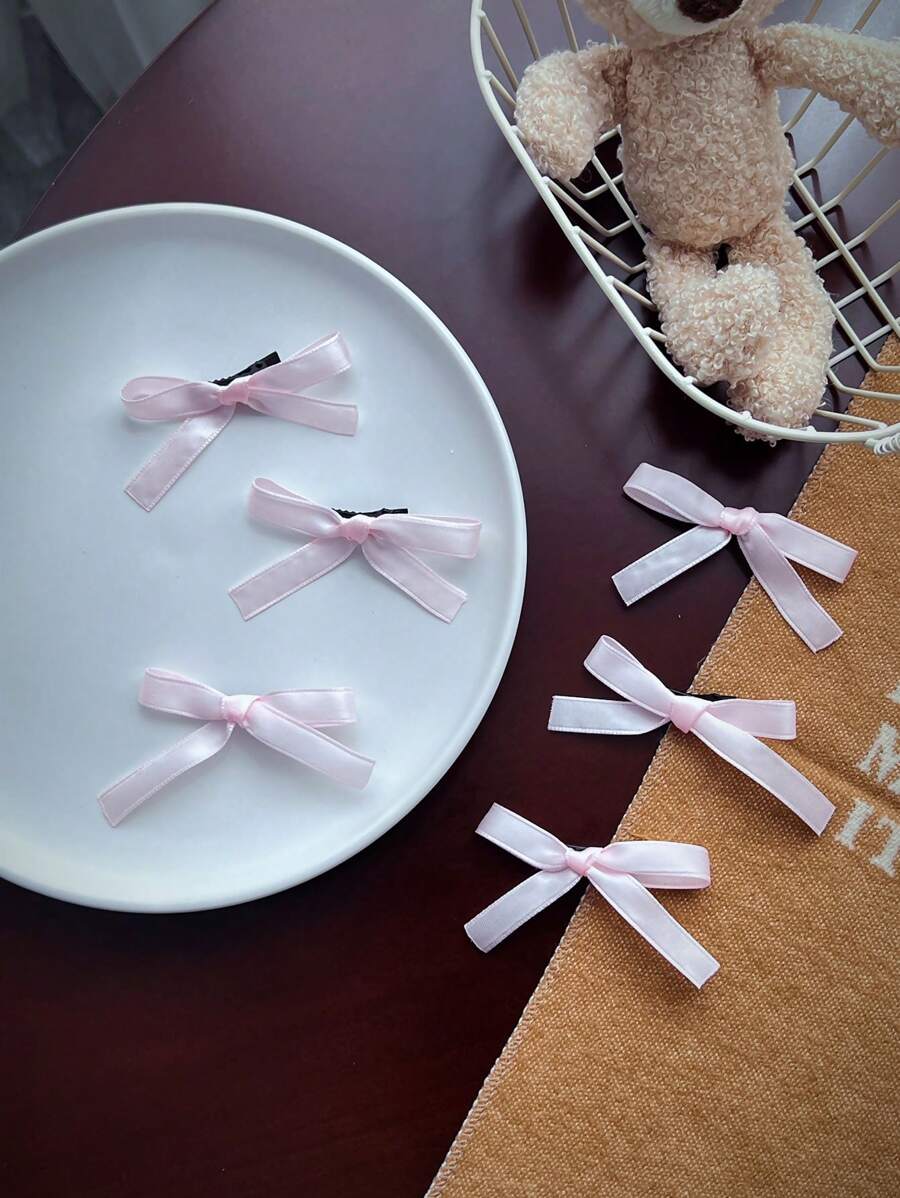 6pcs Women's Y2k Ribbon Bow Hair Clips, Sweet & Lovely Alligator Hair Clip With Side Parting For Ponytail And Short Hair, Suitable For Daily Wear Cute - Pink - View 1