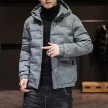 Men's Thick Padded Coat With Hoodie - Grey - View 1