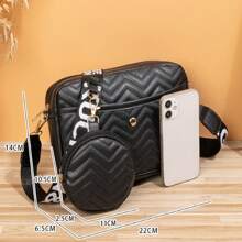 2pcs/Set Korean Style Wave Pattern Fashion Embroidery Shoulder & Crossbody Bag,School Bag Set,Portable,Classic Casual,Business Casual,For Teen Girls Women College Students,White-Collar Workers,College,Perfect For Office,Elementary School - Black - View 4