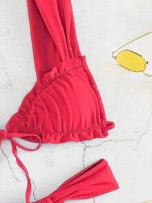 New Sexy Solid Color Bikini Set For Women, Halter Neck Lace-Up Bandeau Top & Brief Bottom With Ruffle Trim Summer