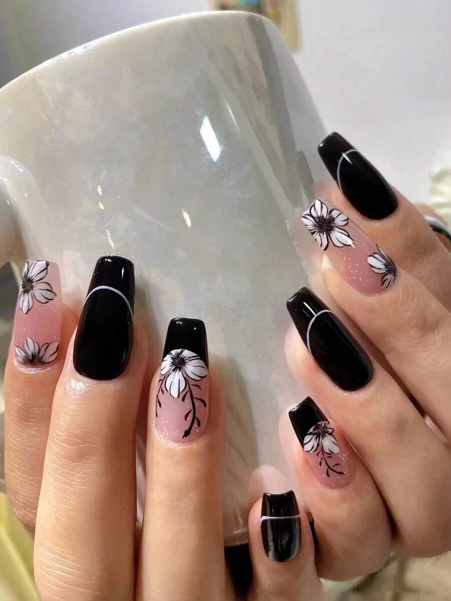 24入組長棺材形花紋法式設計全膚色假指甲套裝,含1pc指甲文件和1pc果凍凝膠,適用於女性日常穿戴 - 黑與白 - 查看 1