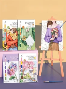 1本創意水彩填色書,解壓填色書塗鴉繪畫書卡通,含顏料水彩紙填充繪畫紙 - 紫色 - 查看 1