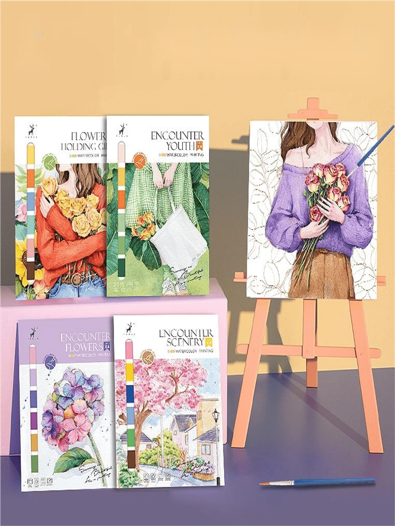 1本創意水彩填色書,解壓填色書塗鴉繪畫書卡通,含顏料水彩紙填充繪畫紙 - 紫色 - 查看 1