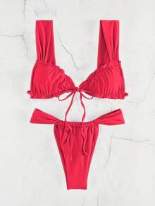 New Sexy Solid Color Bikini Set For Women, Halter Neck Lace-Up Bandeau Top & Brief Bottom With Ruffle Trim Summer