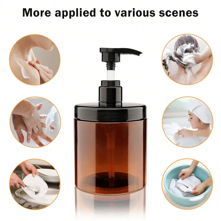 1pc 600ml/20oz Refillable Pump Dispenser Bottle, Plastic Container With Wide Mouth, Ideal For Shampoo, Conditioner And Body Wash In Bathroom - Coffee Brown - View 1