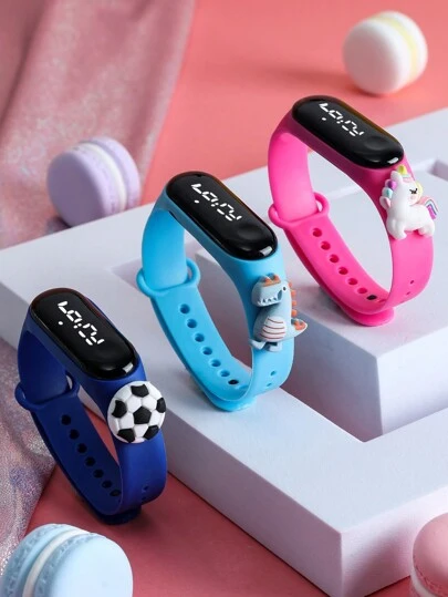 3入組干電池足球、恐龍、獨角獸卡通裝飾led手鐲電子手錶,適合日常佩戴